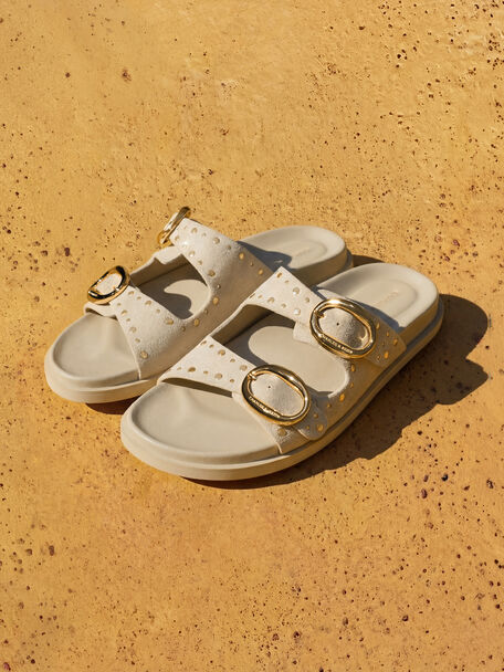 Studded Buckled Double-Strap Slides, Beige, hi-res