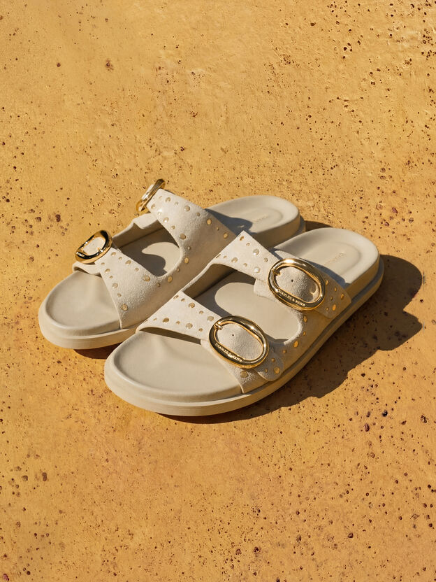 Studded Buckled Double-Strap Slides, Beige, hi-res