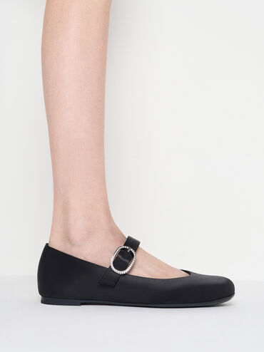 Jannie Satin Crystal-Buckle Mary Janes, Black Textured, hi-res