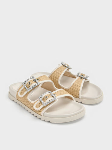 Raffia Gem-Buckle Double-Strap Sandals, Sand, hi-res