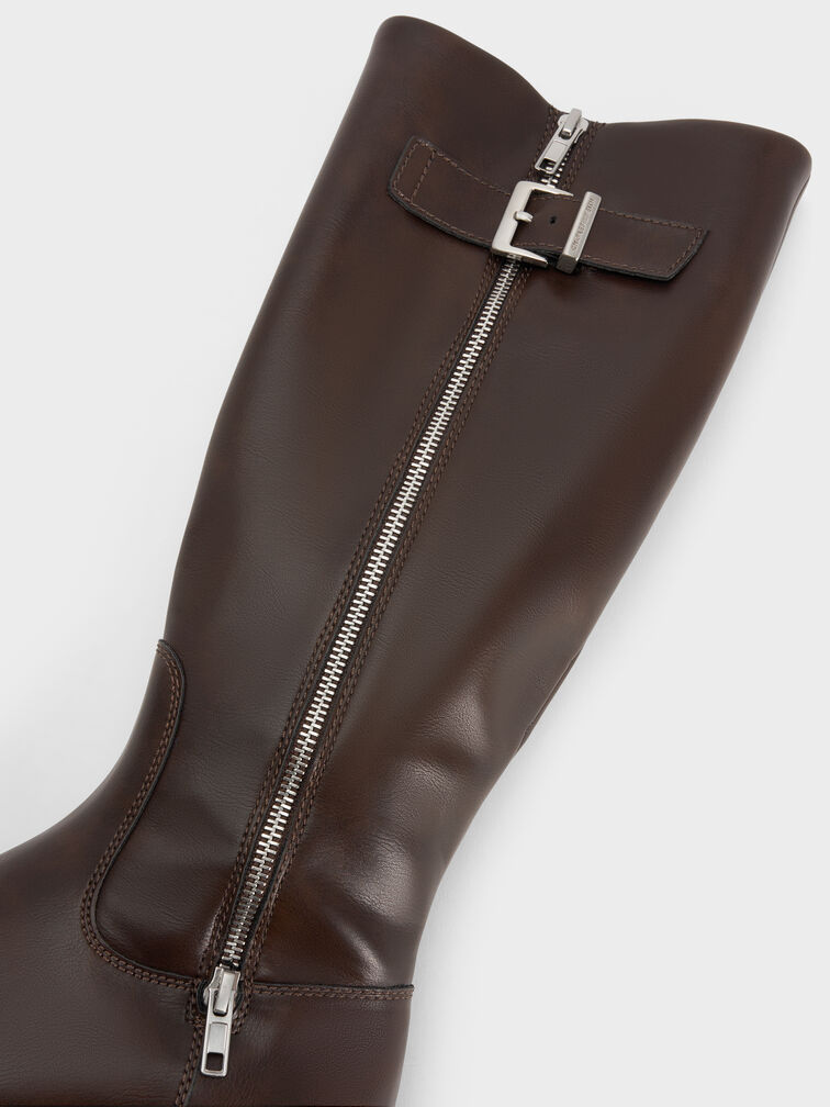 Lyndon Buckled Side-Zip Knee-High Boots, Dark Brown, hi-res