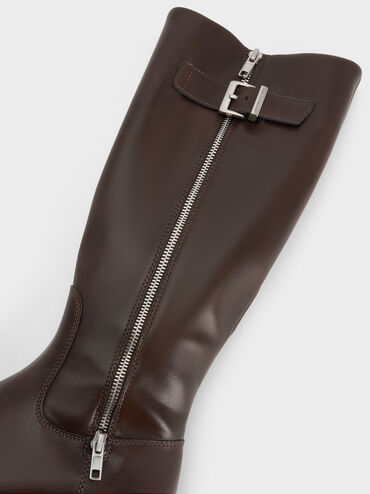 Lyndon Buckled Side-Zip Knee-High Boots, Dark Brown, hi-res