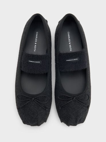 Winona Felt Bow Furry-Strap Mary Jane Flats, Black Textured, hi-res
