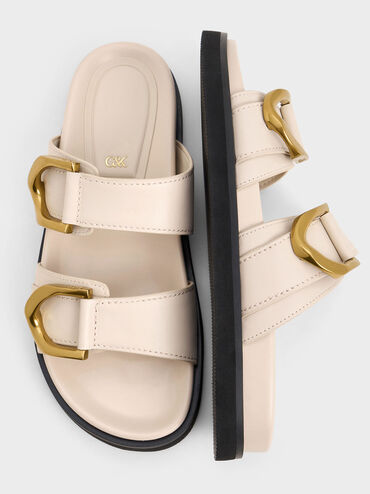 Gabine Gold-Buckle Leather Slides, Oat, hi-res