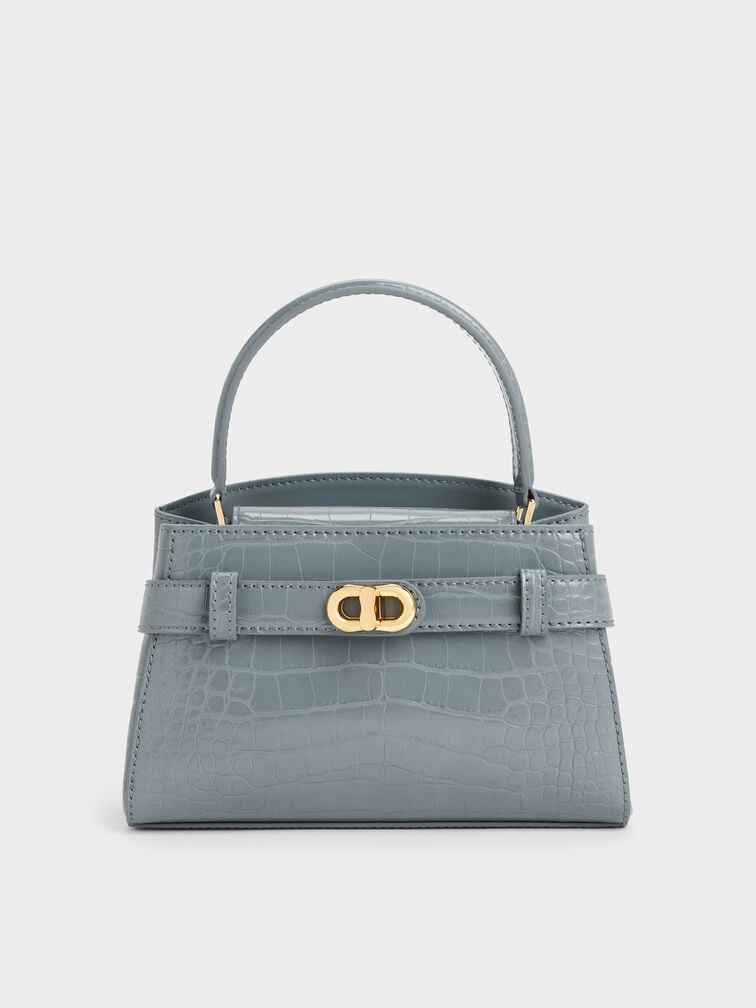 Aubrielle Croc-Effect Belted Top Handle Bag, Smoky Blue, hi-res