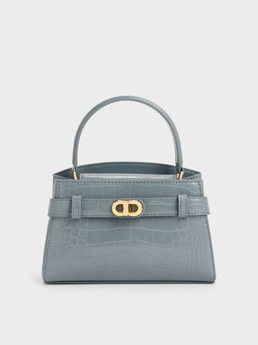 Aubrielle Croc-Effect Belted Top Handle Bag, Smoky Blue, hi-res