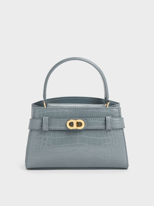 Aubrielle Croc-Effect Belted Top Handle Bag, Smoky Blue, hi-res