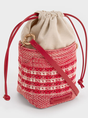 Girls' Ida Knitted Gingham Bucket Bag, Gingham Red, hi-res