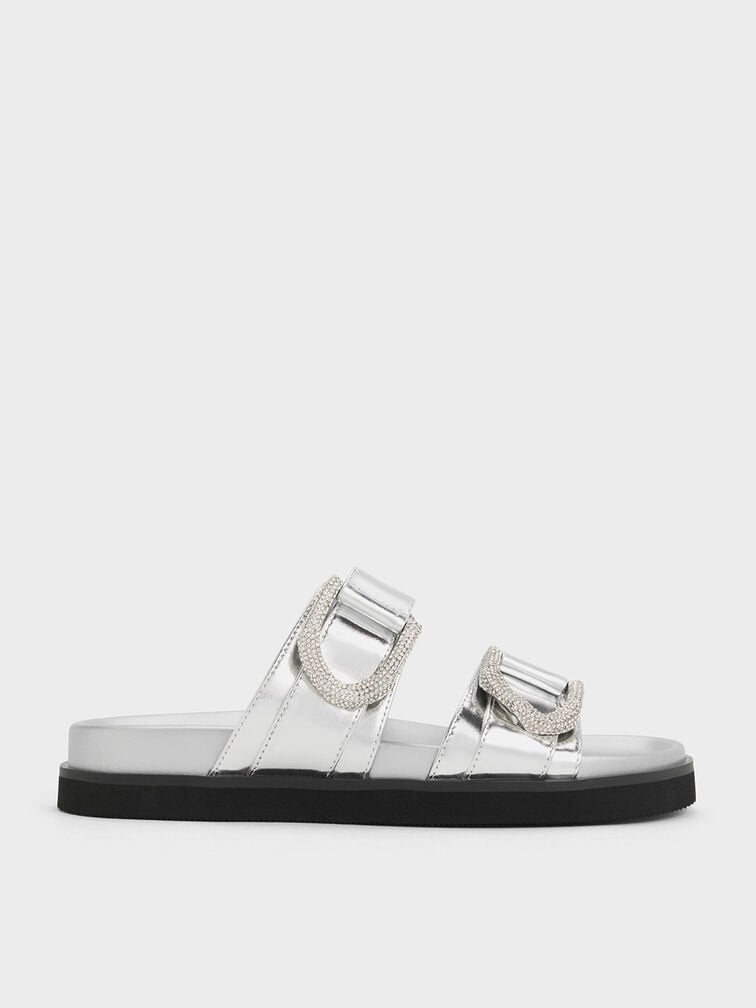 Gabine Crystal-Embellished Buckle Metallic Leather Slides, Silver, hi-res