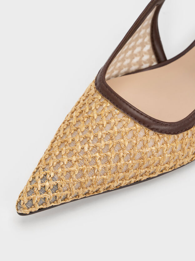 Raffia Sculptural-Heel Slingback Pumps, Dark Brown Textured, hi-res