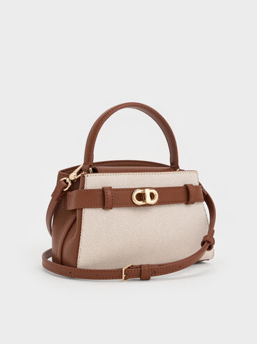 Aubrielle Canvas Belted Top Handle Bag, Taupe Canvas, hi-res