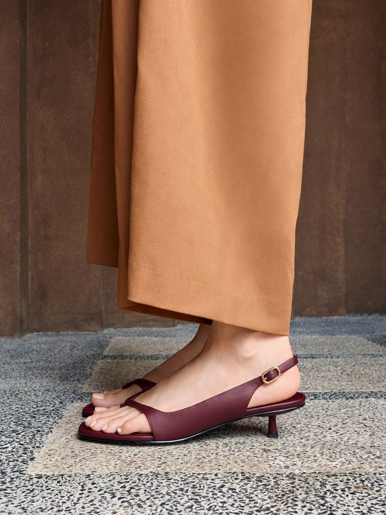 Rayne Square-Toe Kitten-Heel Thong Slingback Sandals, Burgundy, hi-res