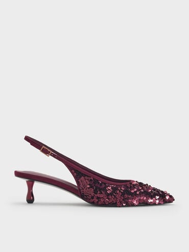 Ruthie Sequinned Slingback Pumps, Burgundy, hi-res