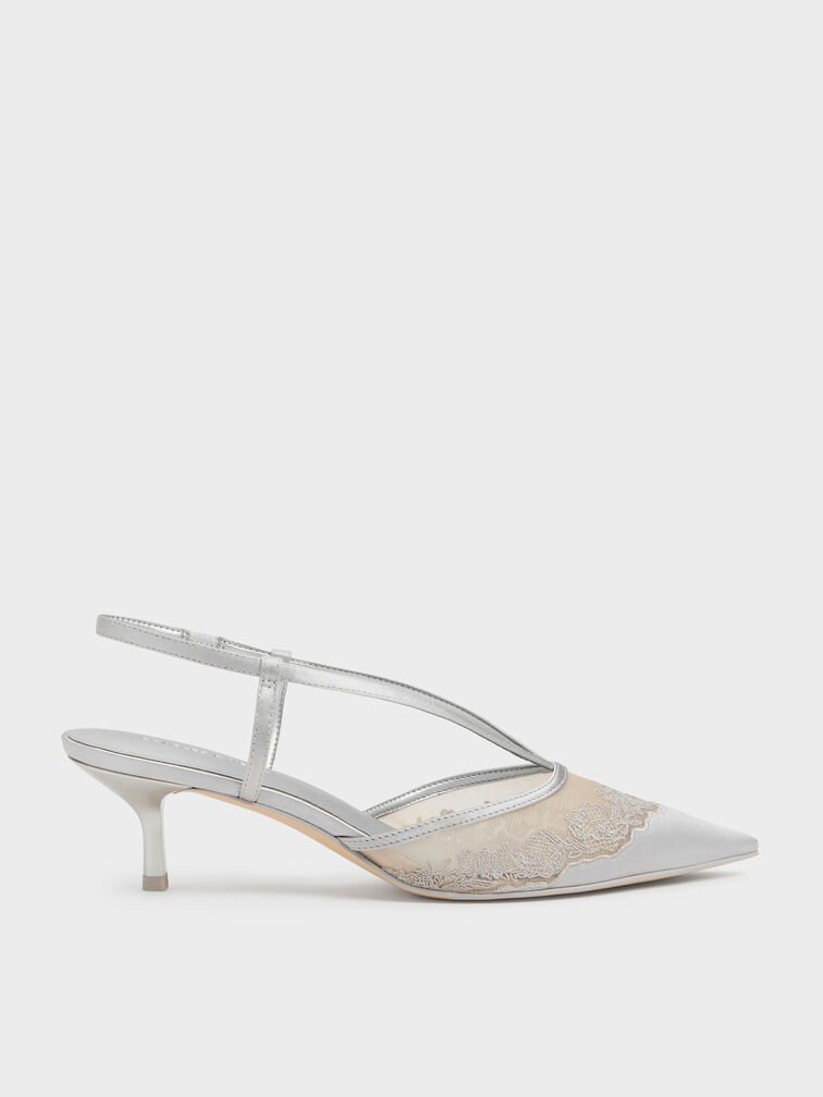 Satin Embroidered-Mesh Slingback Kitten Heels, Silver, hi-res