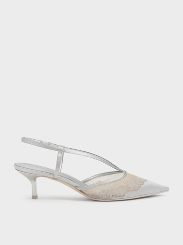 Satin Embroidered-Mesh Slingback Kitten Heels, Silver, hi-res