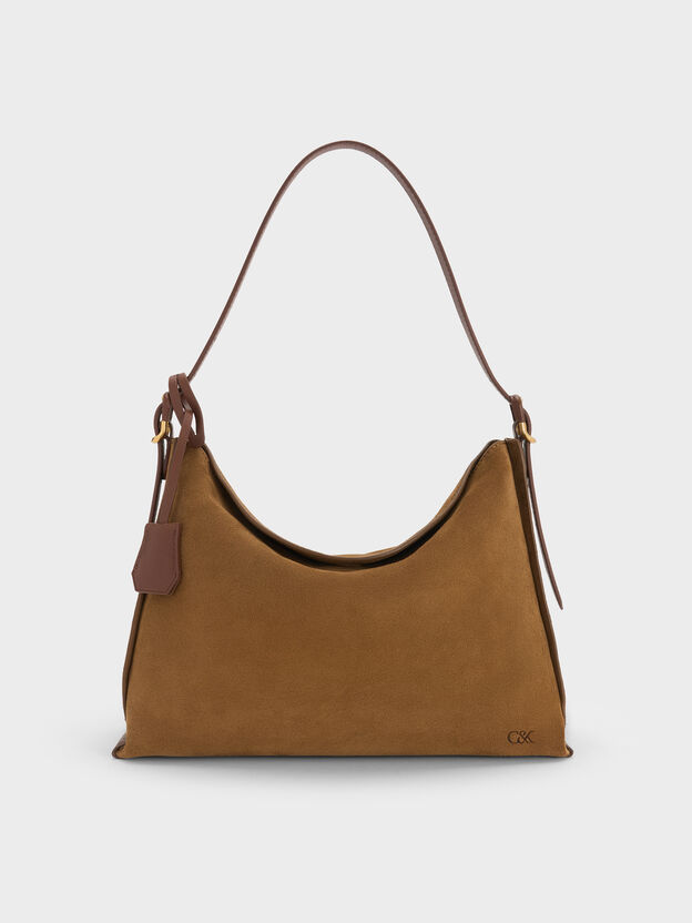 Large Leather & Suede Top-Flap Hobo Bag, Brown, hi-res