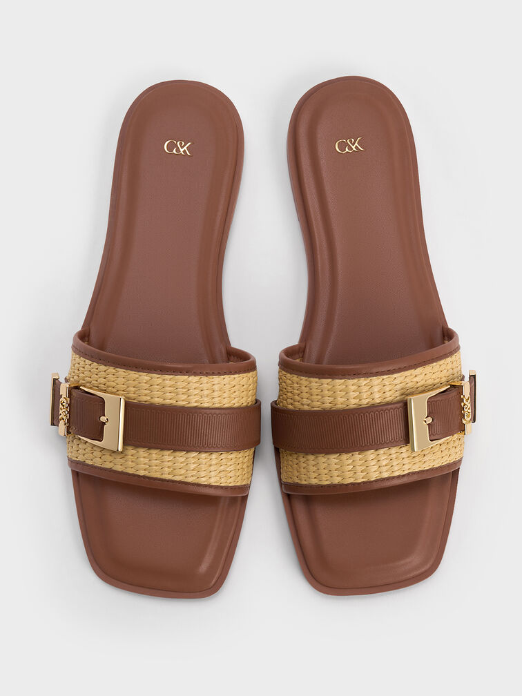 Whitney Leather & Raffia Buckled Slide Sandals, Brown, hi-res