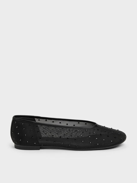 Mesh Crystal Ballet Flats, Black Textured, hi-res