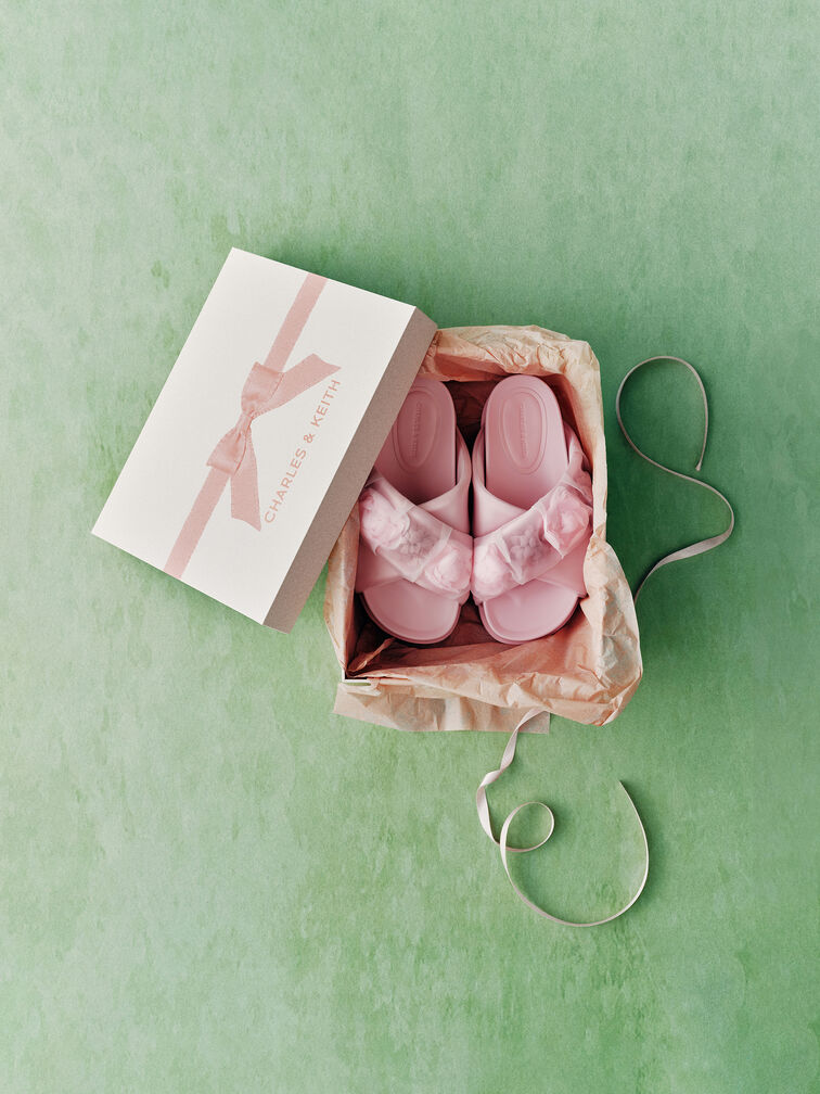Satin Flower-Applique Crossover Sandals, Light Pink, hi-res
