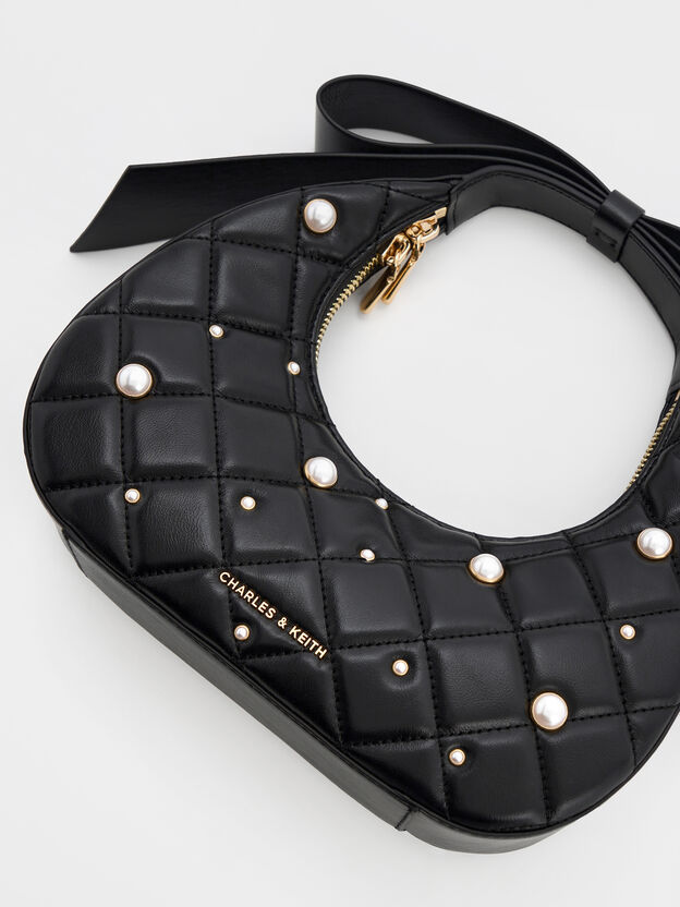 Janie Quilted Pearl Bow-Handle Bag, Black, hi-res