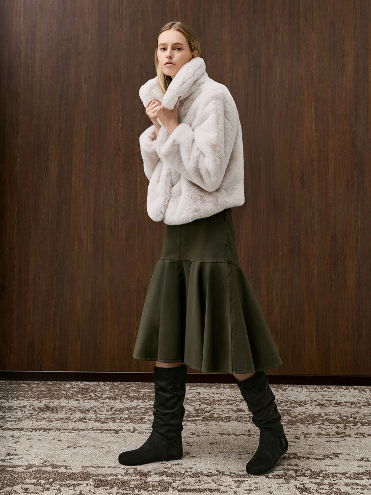 Faux Suede Ruched Knee-High Boots, Black Textured, hi-res