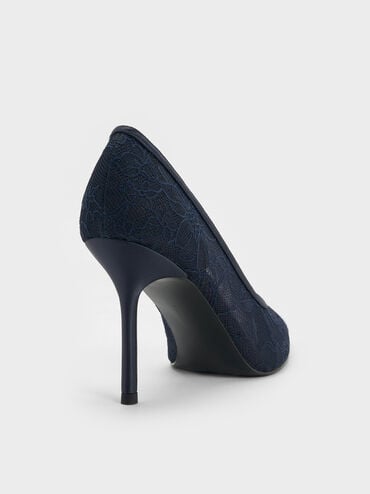 Lace & Satin Stiletto Pumps, Dark Blue, hi-res