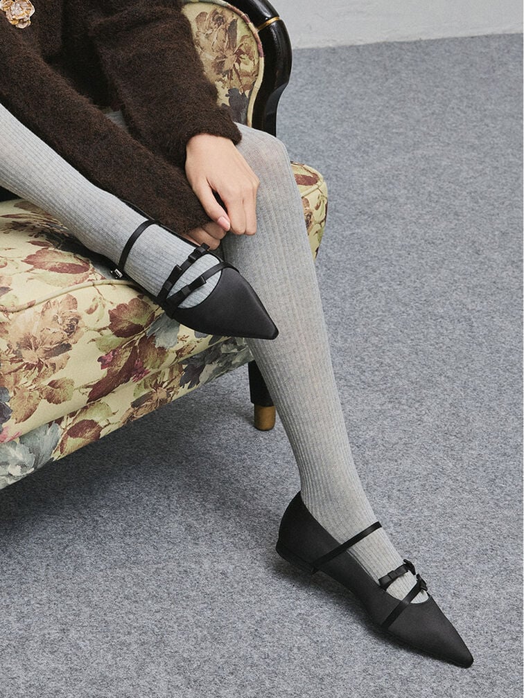 Jessy Recycled Polyester Bow Pointed-Toe Flats, Black Textured, hi-res