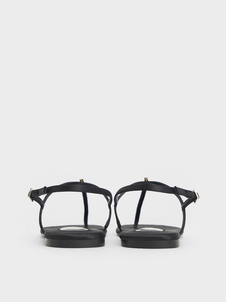 Satin Crystal-Embellished Thong Slingback Sandals, Black Textured, hi-res