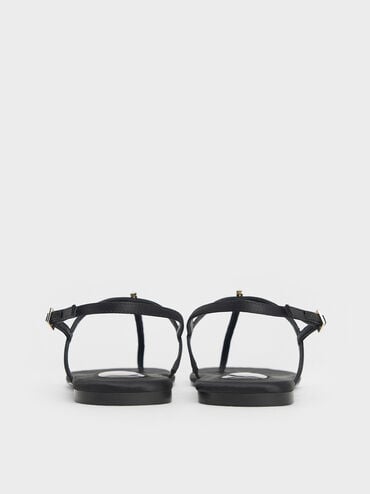 Satin Crystal-Embellished Thong Slingback Sandals, Black Textured, hi-res