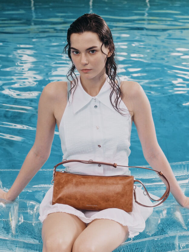 Delfina Elongated Shoulder Bag, Distressed Tan, hi-res
