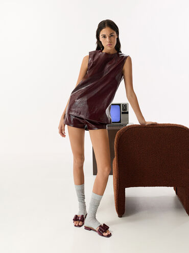 Lu Patent Leather Bow Slide Sandals, Burgundy, hi-res