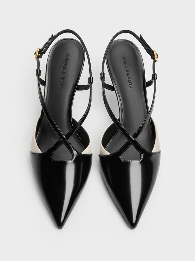 Two-Tone Pointed Slingback Pumps, Black Box, hi-res