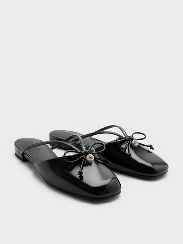 Pearl-Accent Bow Flat Mules, Black Box, hi-res