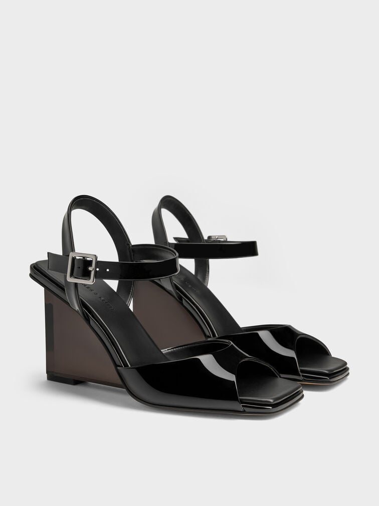 Patent Translucent-Heel Ankle-Strap Wedges, Black Patent, hi-res