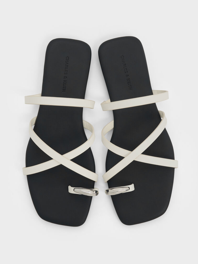 Metallic-Accent Strappy Toe-Ring Sandals, Chalk, hi-res
