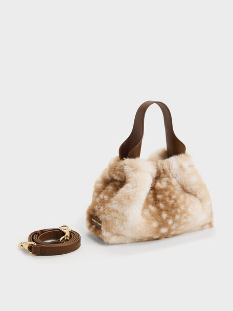 Ally Furry Deer-Print Top-Handle Bag, Animal Print Brown, hi-res