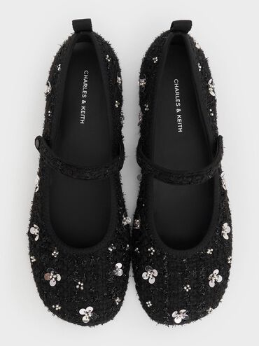 Tweed Flower-Embellished Mary Janes, Black Textured, hi-res