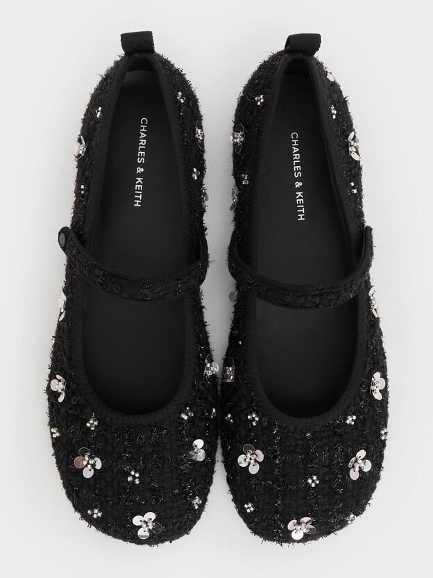 Tweed Flower-Embellished Mary Janes, Black Textured, hi-res
