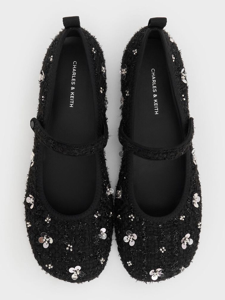 Tweed Flower-Embellished Mary Janes, Black Textured Tweed Flower-Embellished Mary Janes, Black Textured, hi-res