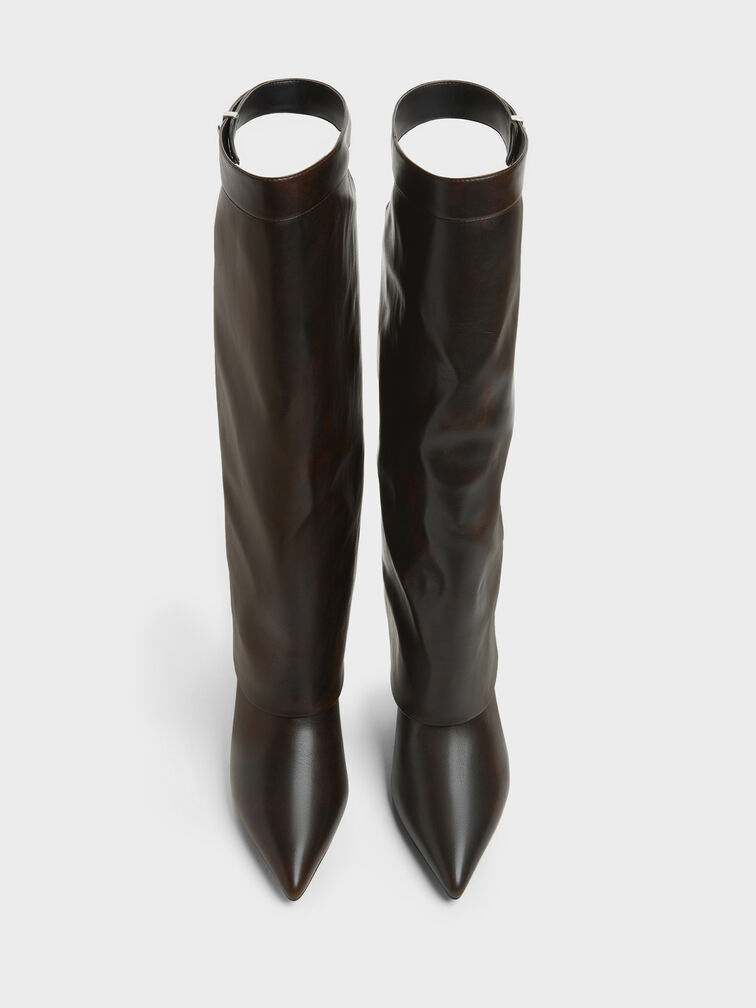Cut-Out Stiletto Knee-High Boots, Brown, hi-res