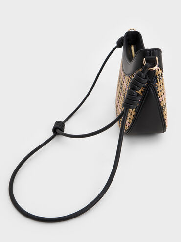 Sabine Tartan Knotted-Strap Curved Shoulder Bag, Tartan Straw, hi-res