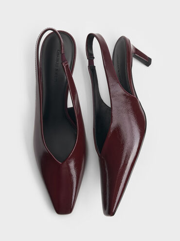 Patent Tapered Square-Toe Slingback Kitten Heels, Burgundy, hi-res
