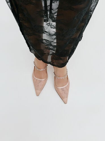 Lace & Satin Crystal Heeled Mules, Nude, hi-res