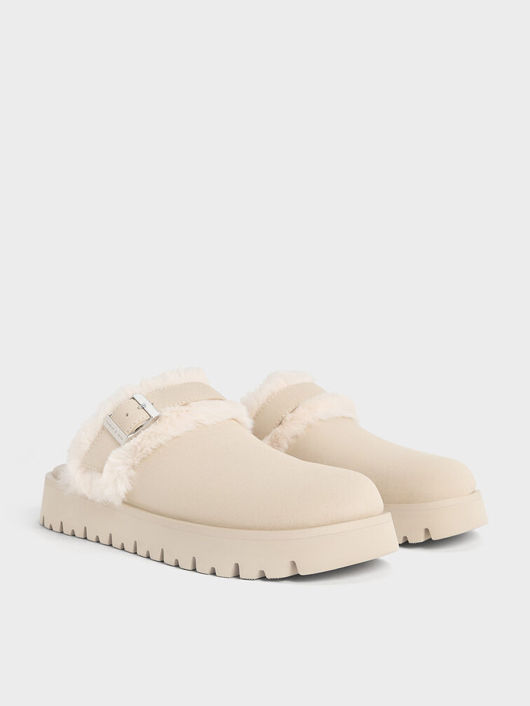 Hannah Textured Fur-Trim Buckled Mules, Beige, hi-res