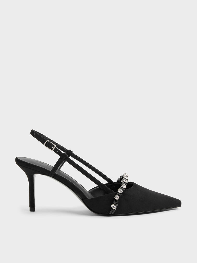 Faux Suede Crystal Slingback Pumps, Black Textured, hi-res