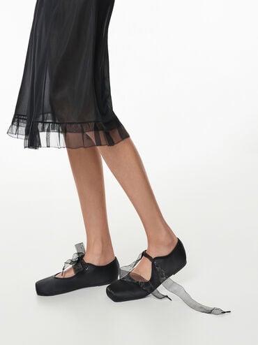 Camila Satin Mary Jane Flats, Black Textured, hi-res
