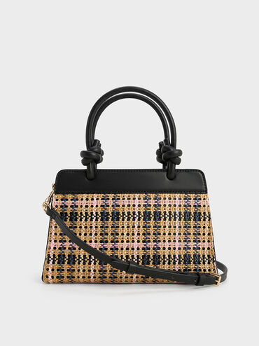 Sabine Tartan Knotted-Handle Tote Bag, Tartan Straw, hi-res