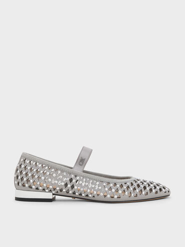 Studded Cut-Out Ballet Flats, Light Grey, hi-res
