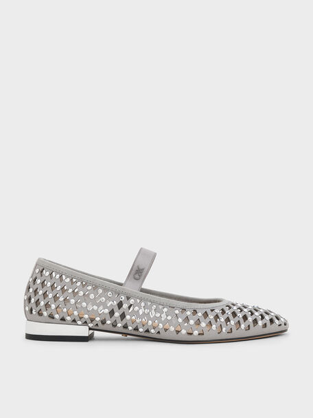 Studded Cut-Out Ballet Flats, Light Grey, hi-res