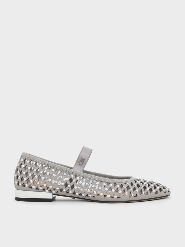 Studded Cut-Out Ballet Flats, Light Grey, hi-res
